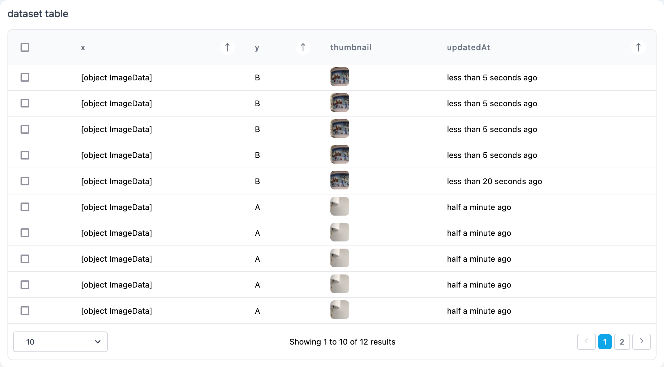 Screenshot of the datasetTable component